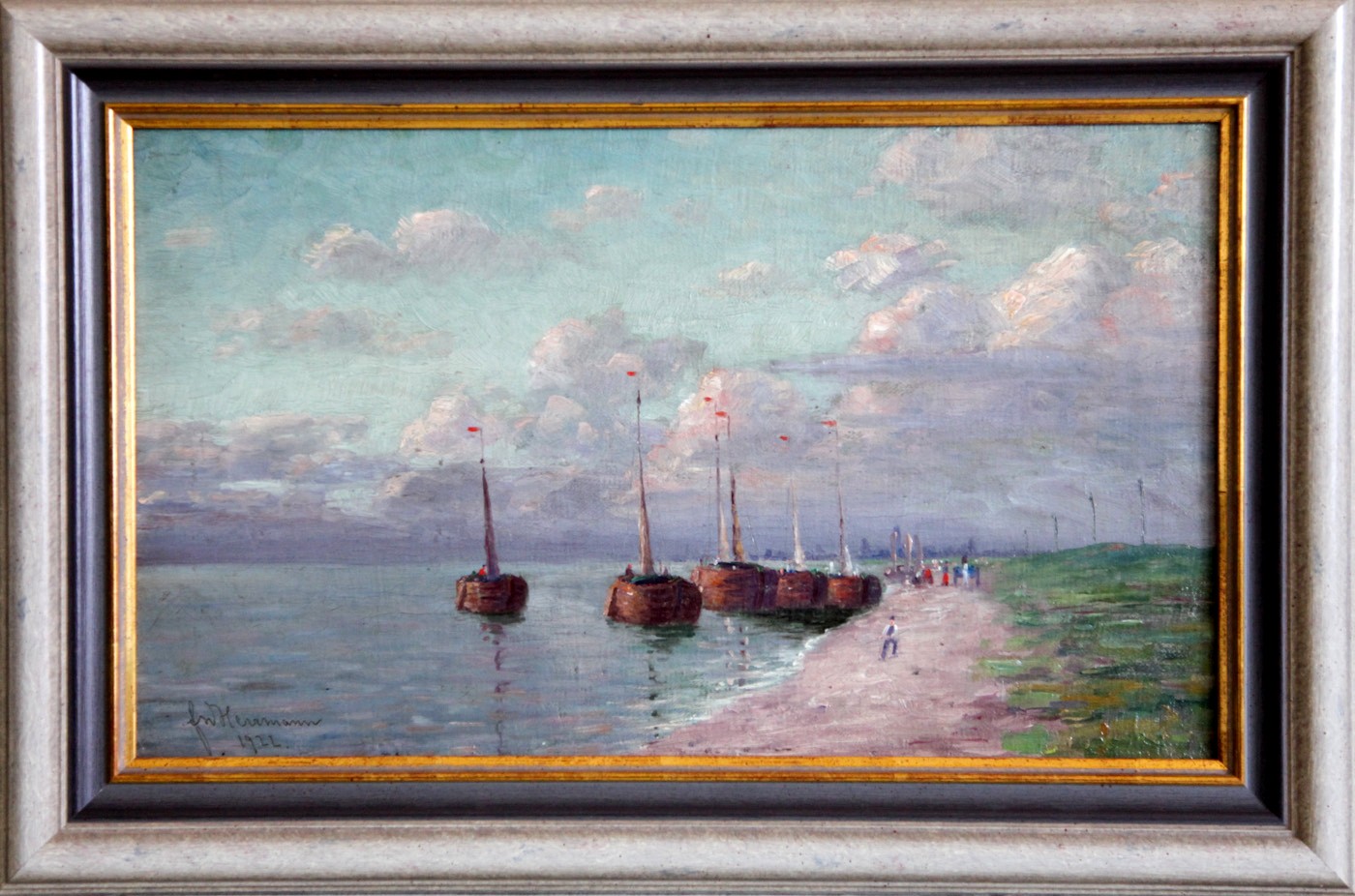 VERKAUFT! - Fischer mit Booten am Strand (1922)