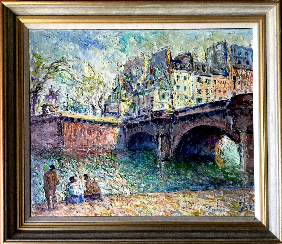 Menschen vor Seine-Brücke in Paris (1952)