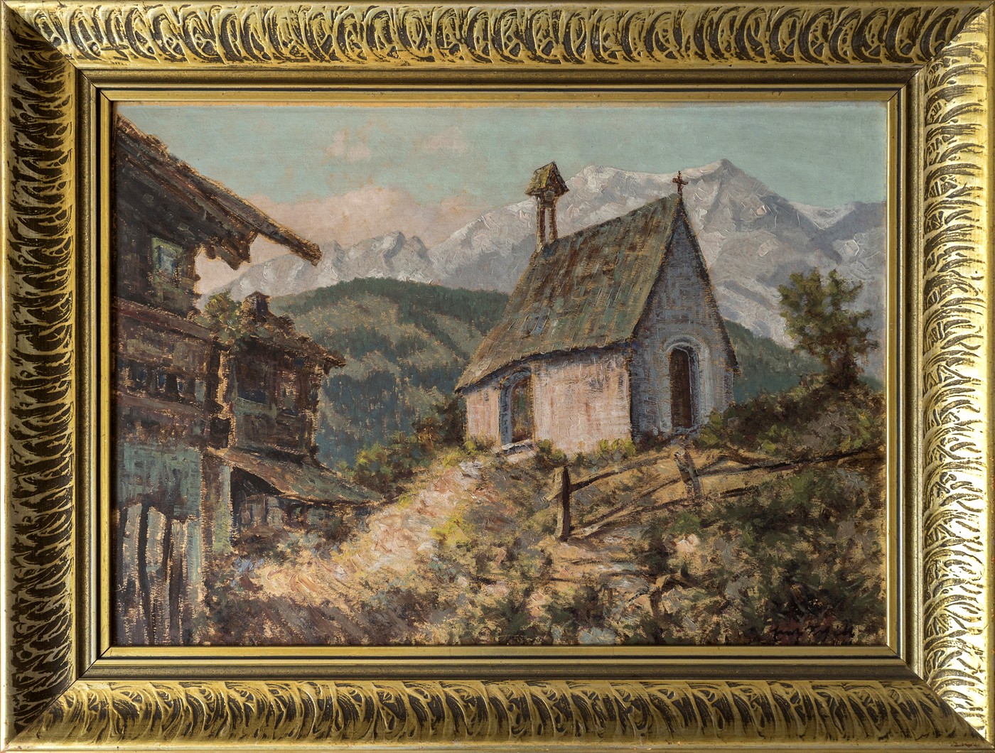 Hochgebirge mit Gehöft und Kapelle